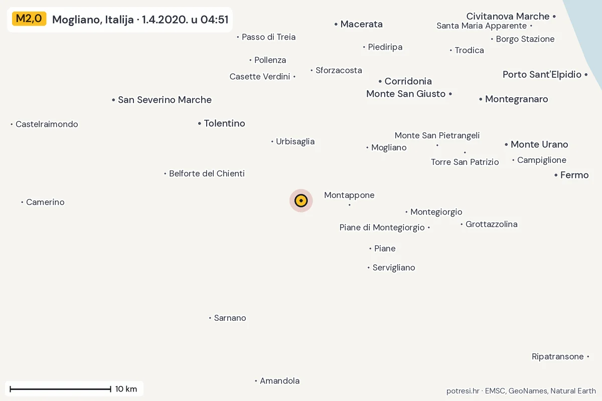 Karta: okolica epicentra, 60 km, potres M2,0, Mogliano, Italija, 1.4.2020.