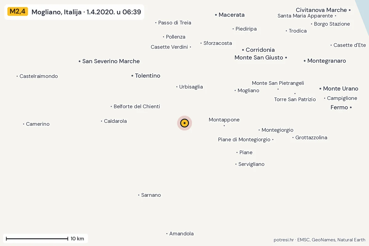 Karta: okolica epicentra, 60 km, potres M2,4, Mogliano, Italija, 1.4.2020.