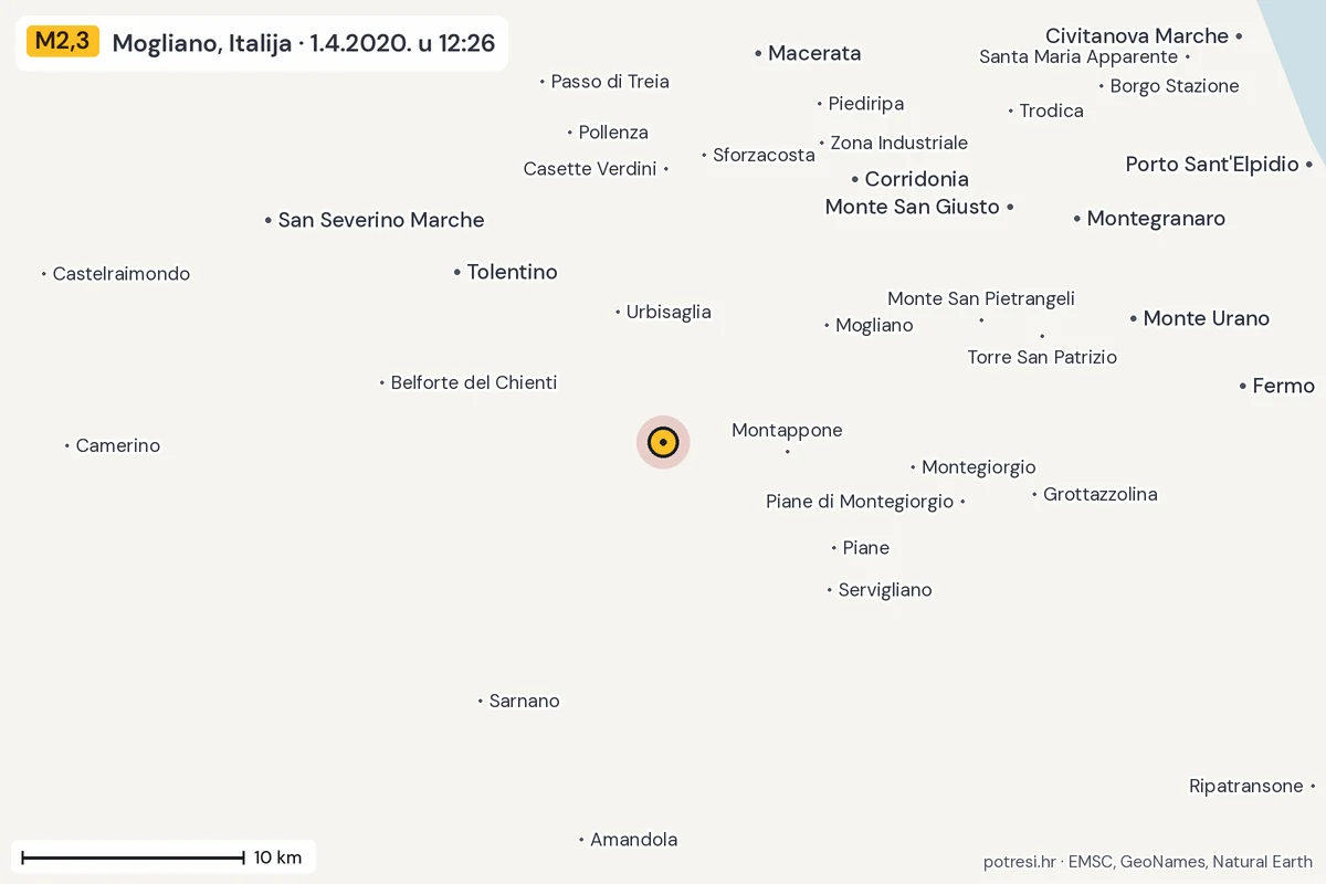 Karta: okolica epicentra, 60 km, potres M2,3, Mogliano, Italija, 1.4.2020.