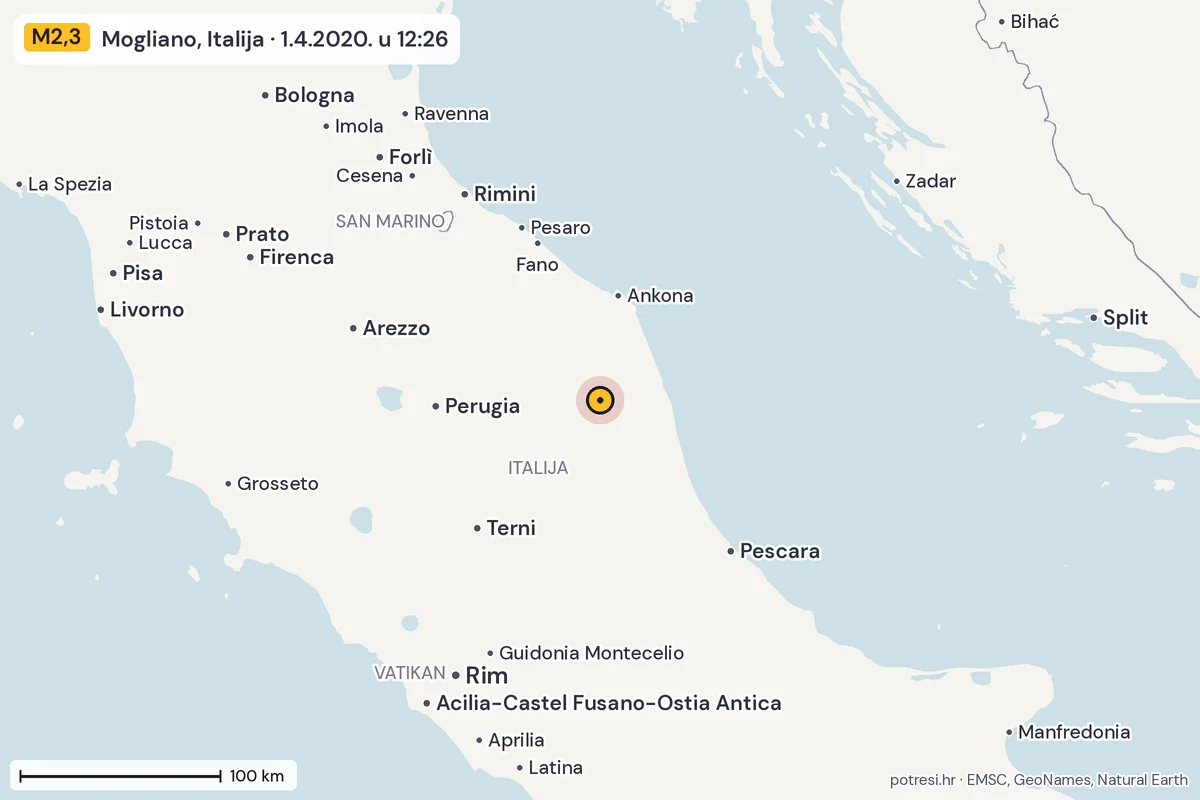Karta: šire područje, 600 km, potres M2,3, Mogliano, Italija, 1.4.2020.