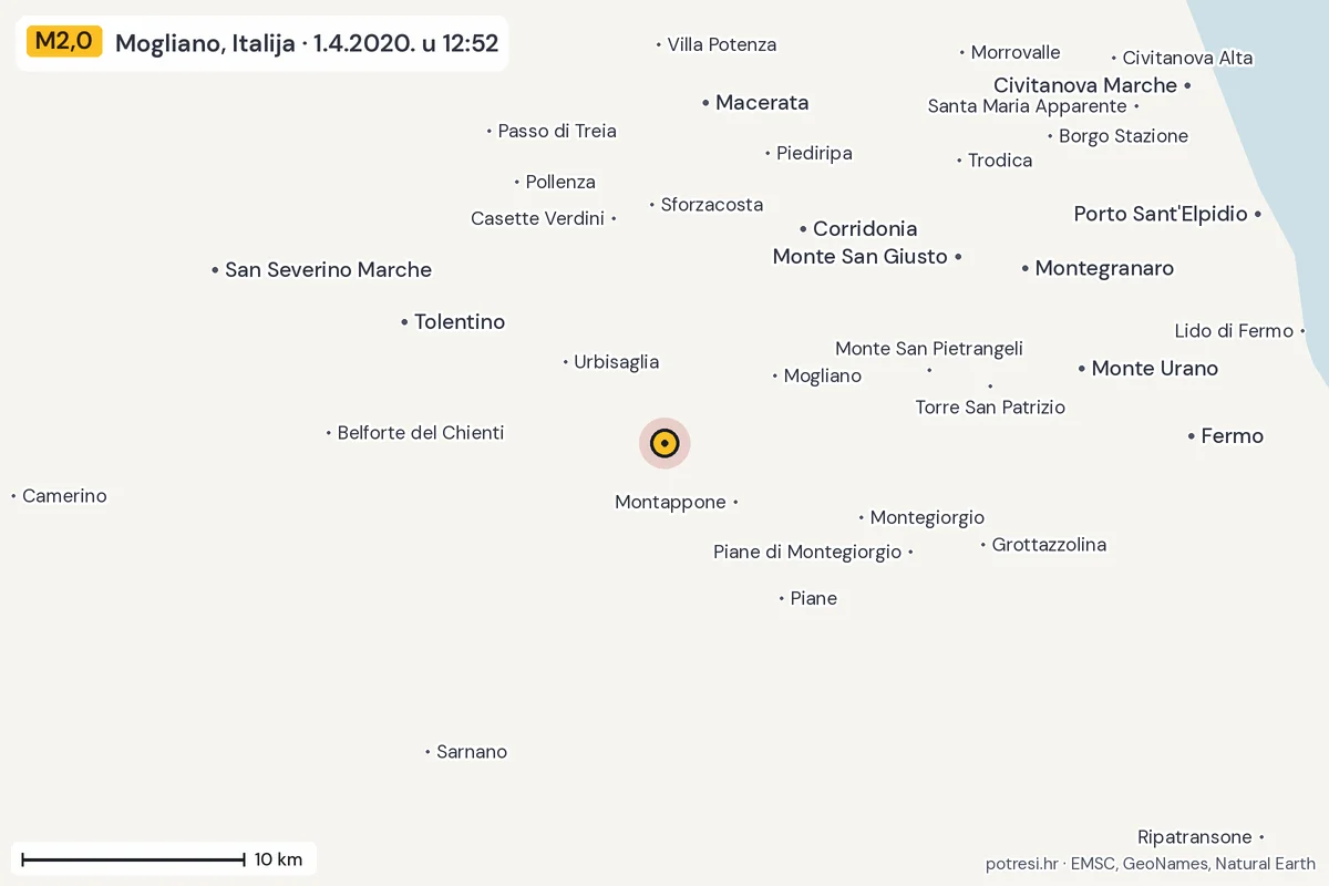 Karta: okolica epicentra, 60 km, potres M2,0, Mogliano, Italija, 1.4.2020.