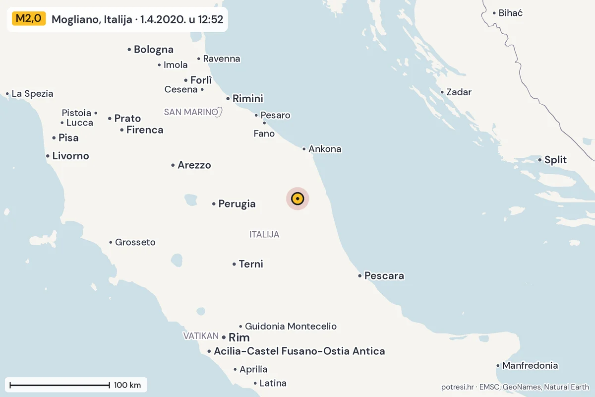 Karta: šire područje, 600 km, potres M2,0, Mogliano, Italija, 1.4.2020.