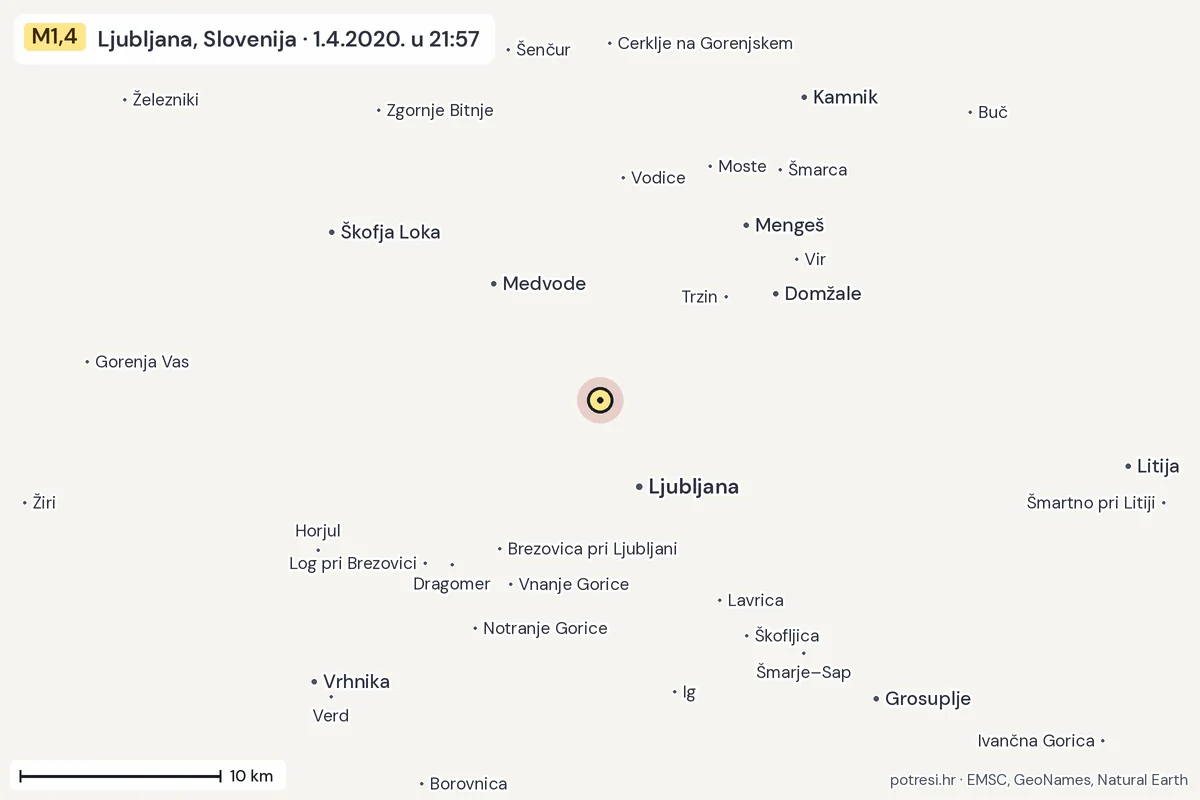 Karta: okolica epicentra, 60 km, potres M1,4, Ljubljana, Slovenija, 1.4.2020.