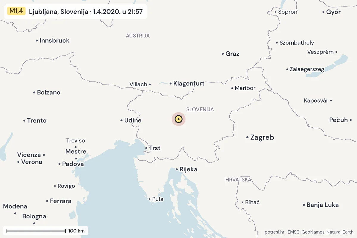 Karta: šire područje, 600 km, potres M1,4, Ljubljana, Slovenija, 1.4.2020.