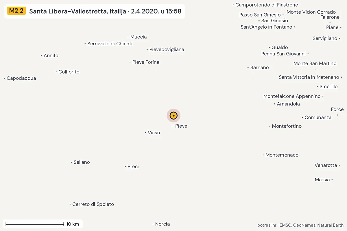Karta: okolica epicentra, 60 km, potres M2,2, Santa Libera-Vallestretta, Italija, 2.4.2020.