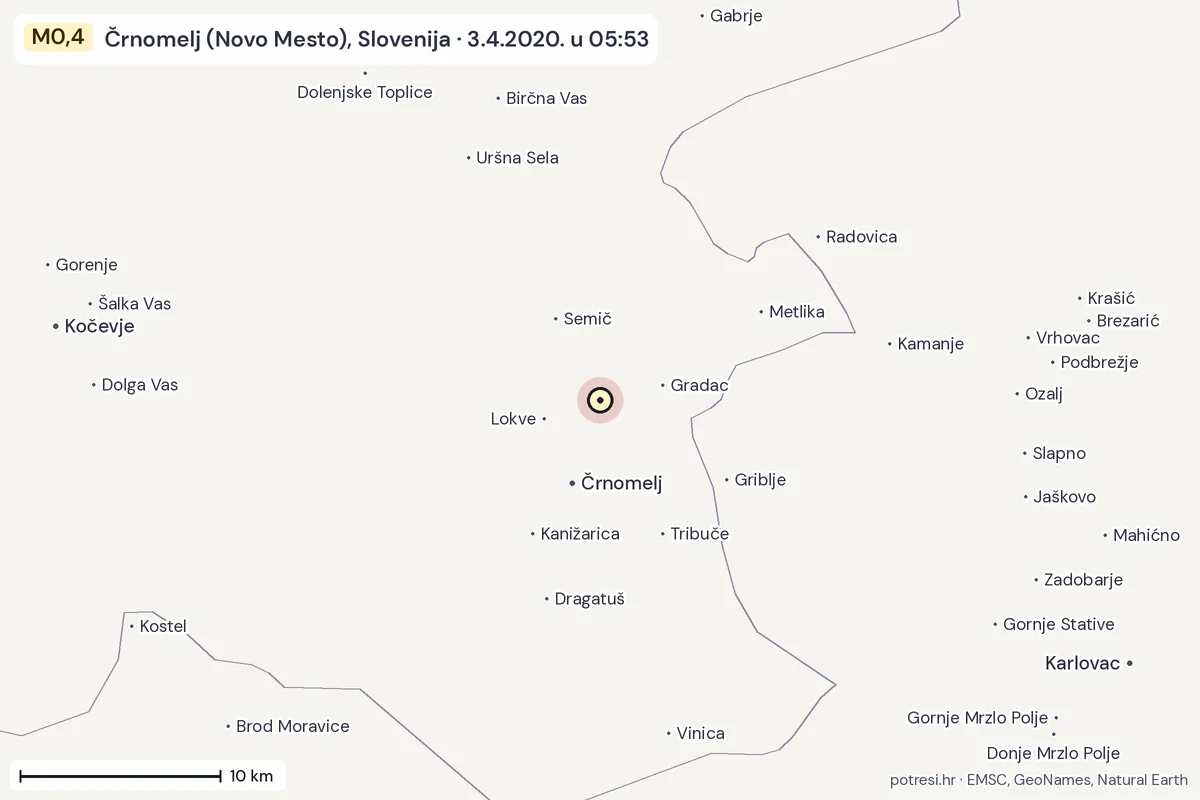 Karta: okolica epicentra, 60 km, potres M0,4, Črnomelj (Novo Mesto), Slovenija, 3.4.2020.
