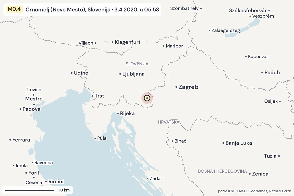 Karta: šire područje, 600 km, potres M0,4, Črnomelj (Novo Mesto), Slovenija, 3.4.2020.