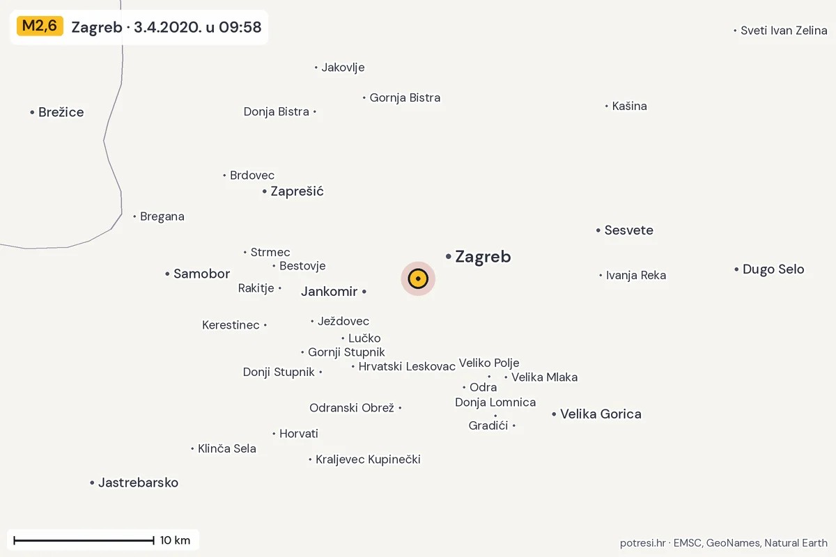 Karta: okolica epicentra, 60 km, potres M2,6, Zagreb, 3.4.2020.