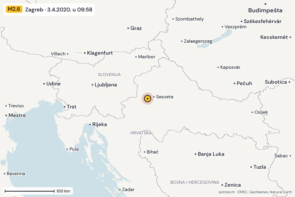Karta: šire područje, 600 km, potres M2,6, Zagreb, 3.4.2020.