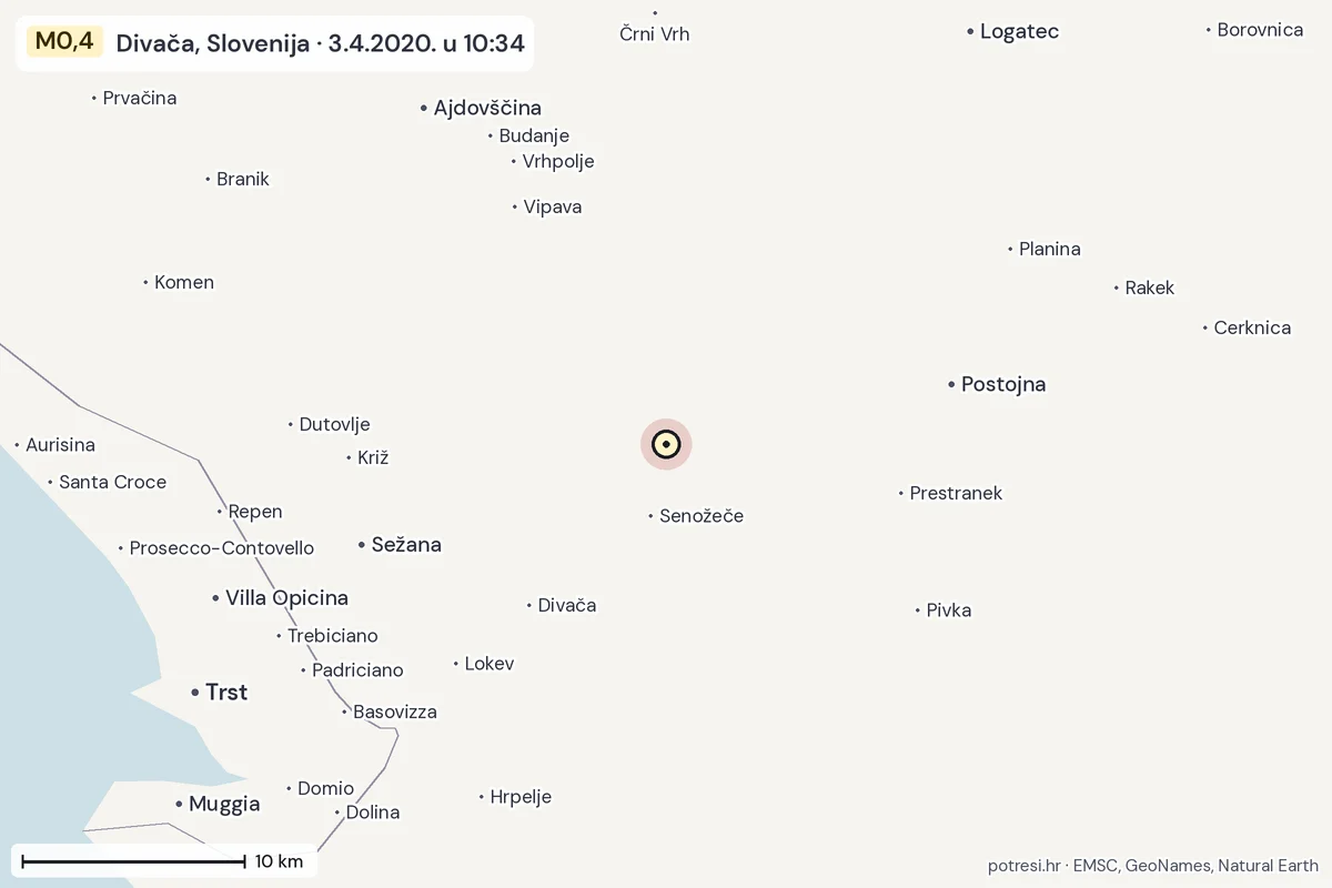 Karta: okolica epicentra, 60 km, potres M0,4, Divača, Slovenija, 3.4.2020.