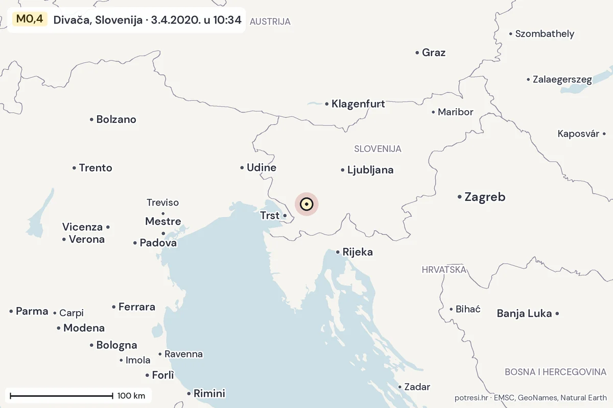 Karta: šire područje, 600 km, potres M0,4, Divača, Slovenija, 3.4.2020.