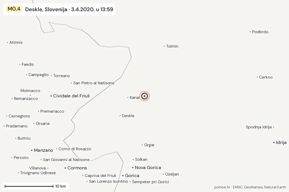 Karta: okolica epicentra, 60 km, potres M0,4, Deskle, Slovenija, 3.4.2020.