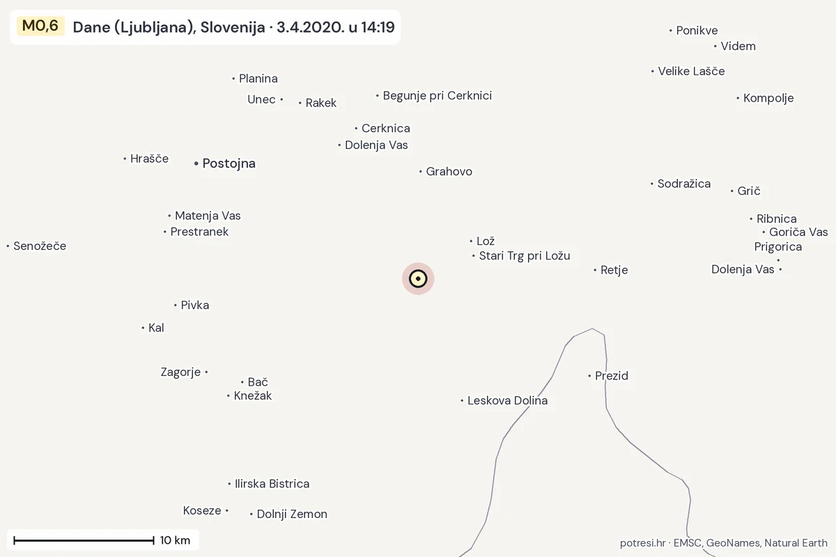 Karta: okolica epicentra, 60 km, potres M0,6, Dane (Ljubljana), Slovenija, 3.4.2020.