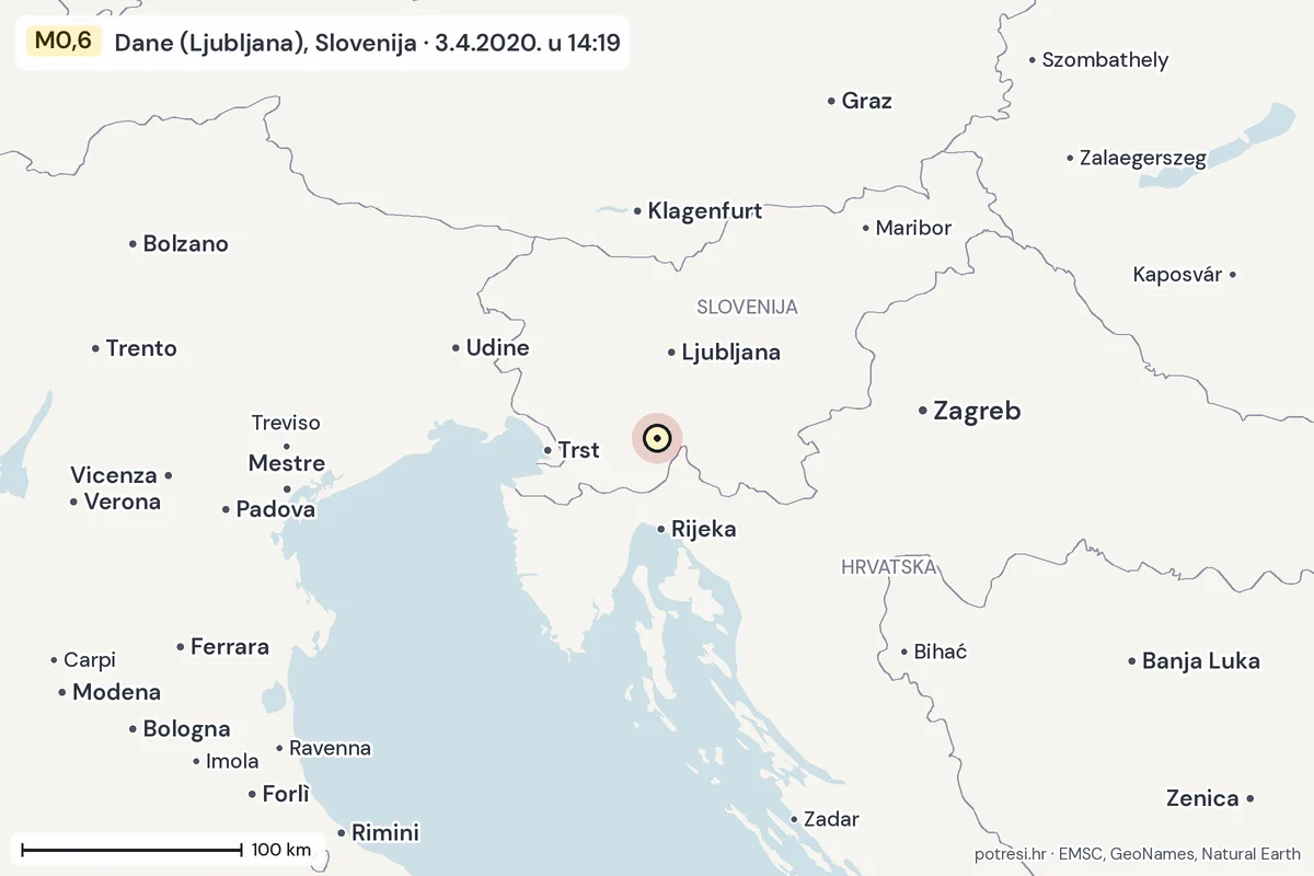 Karta: šire područje, 600 km, potres M0,6, Dane (Ljubljana), Slovenija, 3.4.2020.