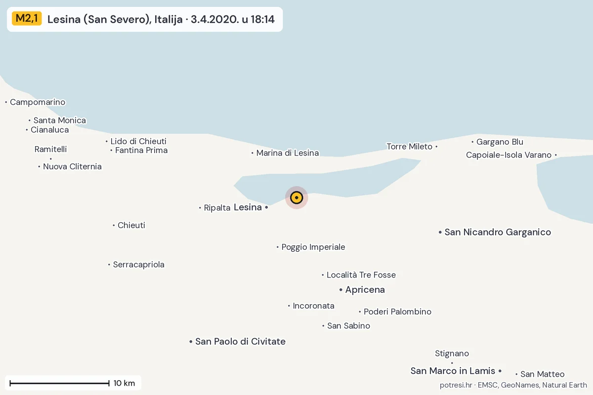 Karta: okolica epicentra, 60 km, potres M2,1, Lesina (San Severo), Italija, 3.4.2020.
