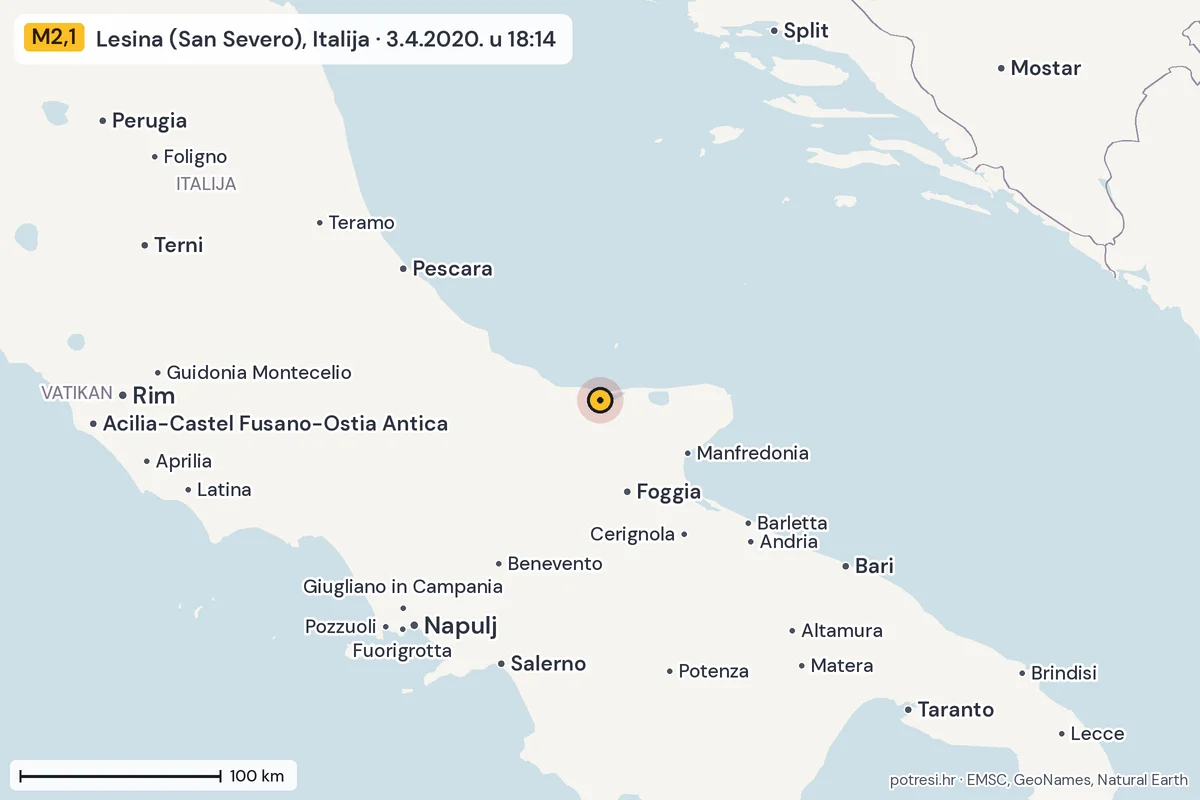 Karta: šire područje, 600 km, potres M2,1, Lesina (San Severo), Italija, 3.4.2020.