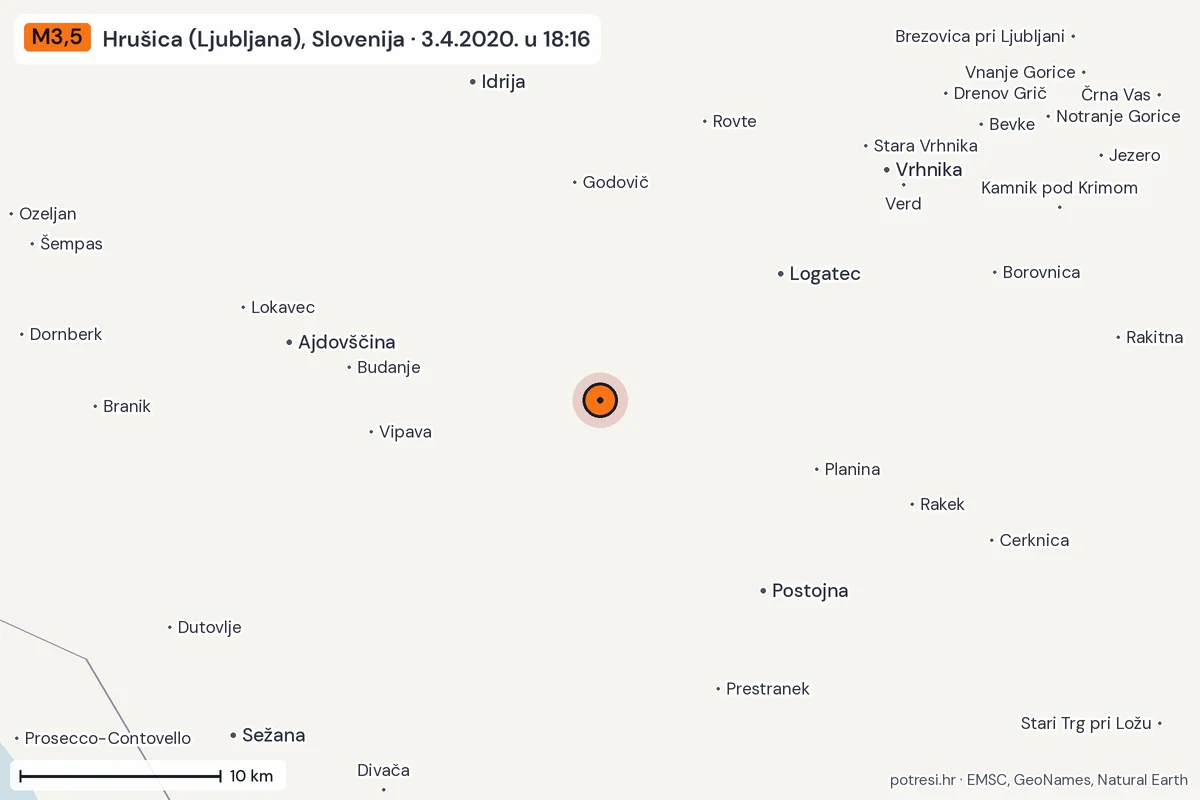 Karta: okolica epicentra, 60 km, potres M3,5, Hrušica (Ljubljana), Slovenija, 3.4.2020.