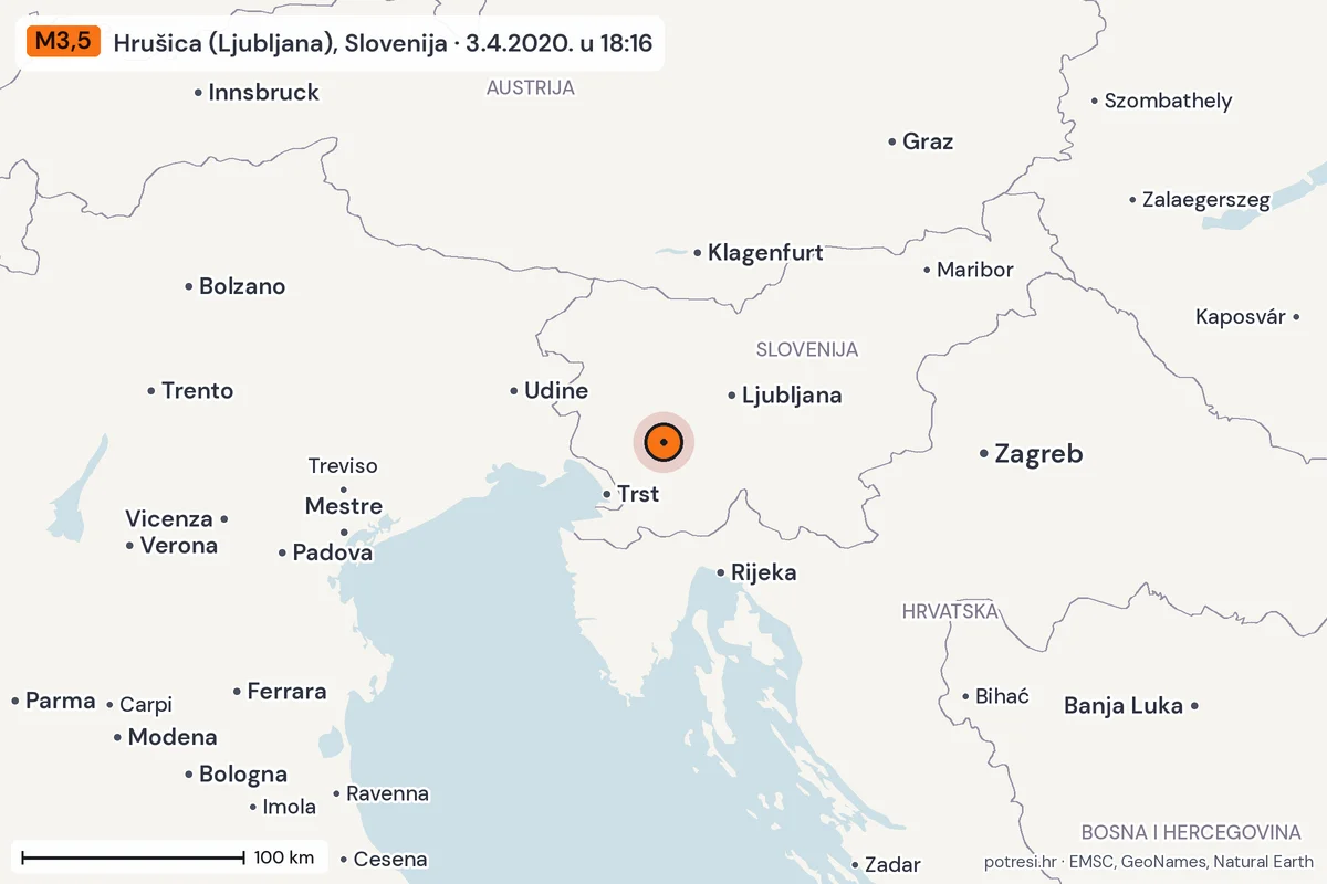 Karta: šire područje, 600 km, potres M3,5, Hrušica (Ljubljana), Slovenija, 3.4.2020.