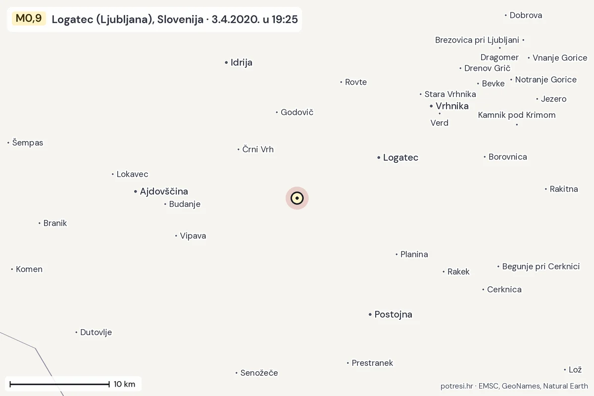 Karta: okolica epicentra, 60 km, potres M0,9, Logatec (Ljubljana), Slovenija, 3.4.2020.