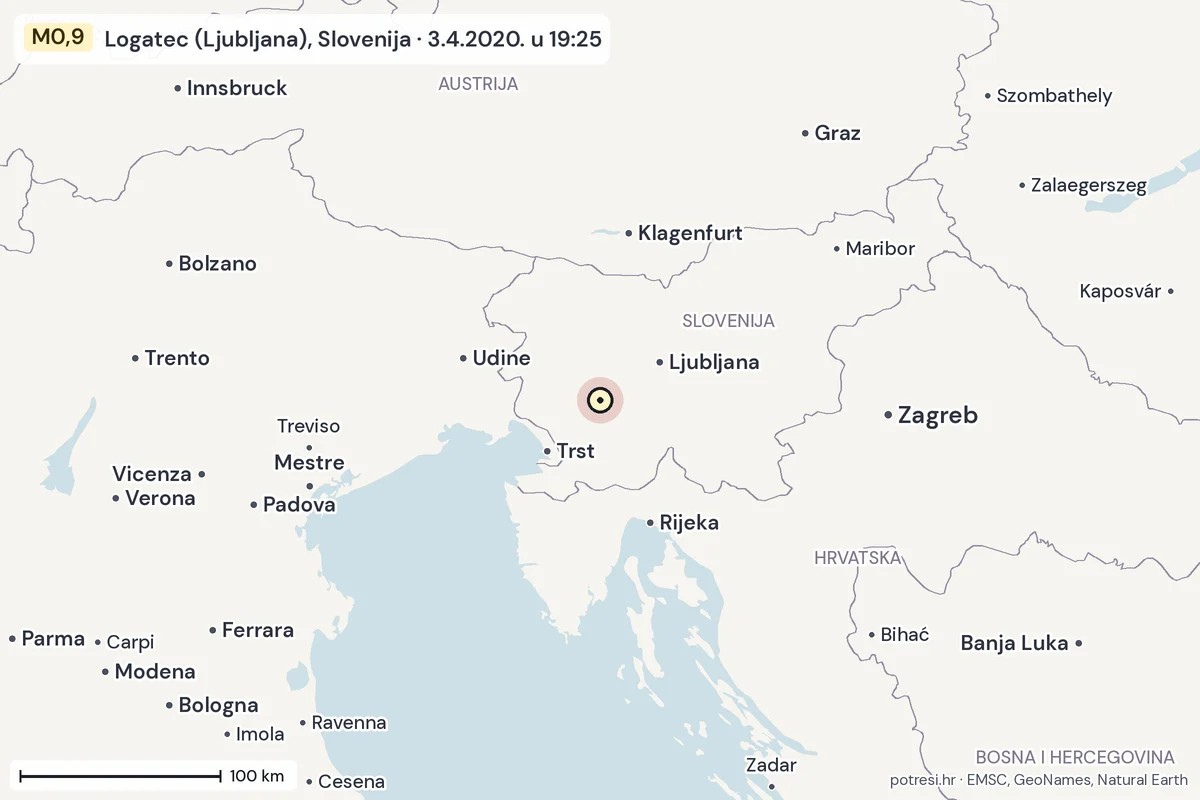 Karta: šire područje, 600 km, potres M0,9, Logatec (Ljubljana), Slovenija, 3.4.2020.