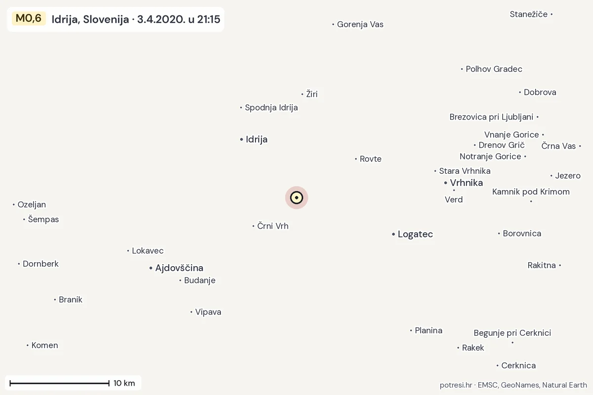 Karta: okolica epicentra, 60 km, potres M0,6, Idrija, Slovenija, 3.4.2020.