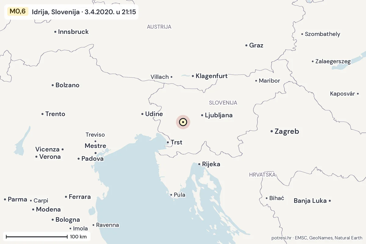 Karta: šire područje, 600 km, potres M0,6, Idrija, Slovenija, 3.4.2020.
