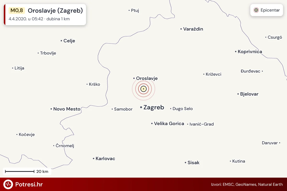 Karta: šire područje i vjerojatni doseg osjeta, potres M0,8, Oroslavje (Zagreb), 4.4.2020.