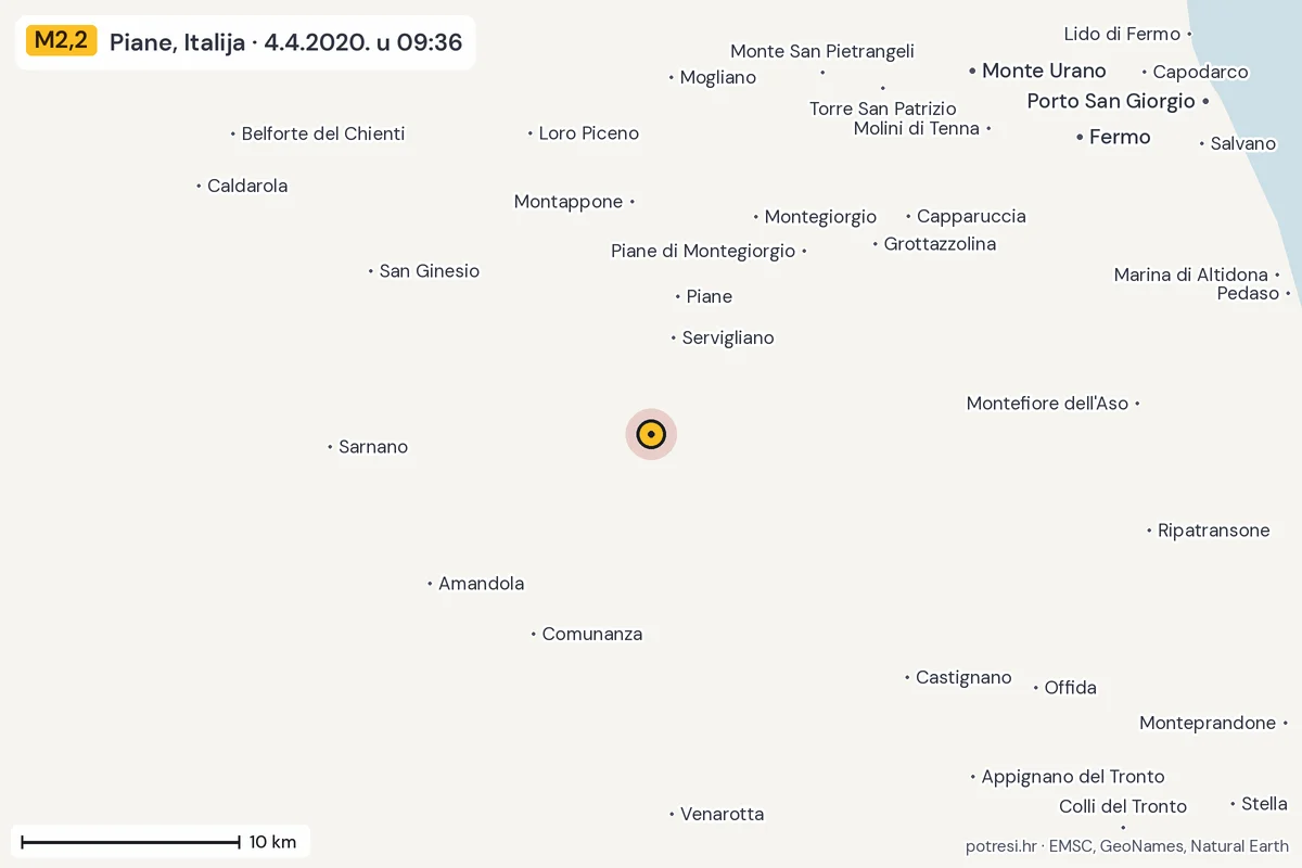 Karta: okolica epicentra, 60 km, potres M2,2, Piane, Italija, 4.4.2020.