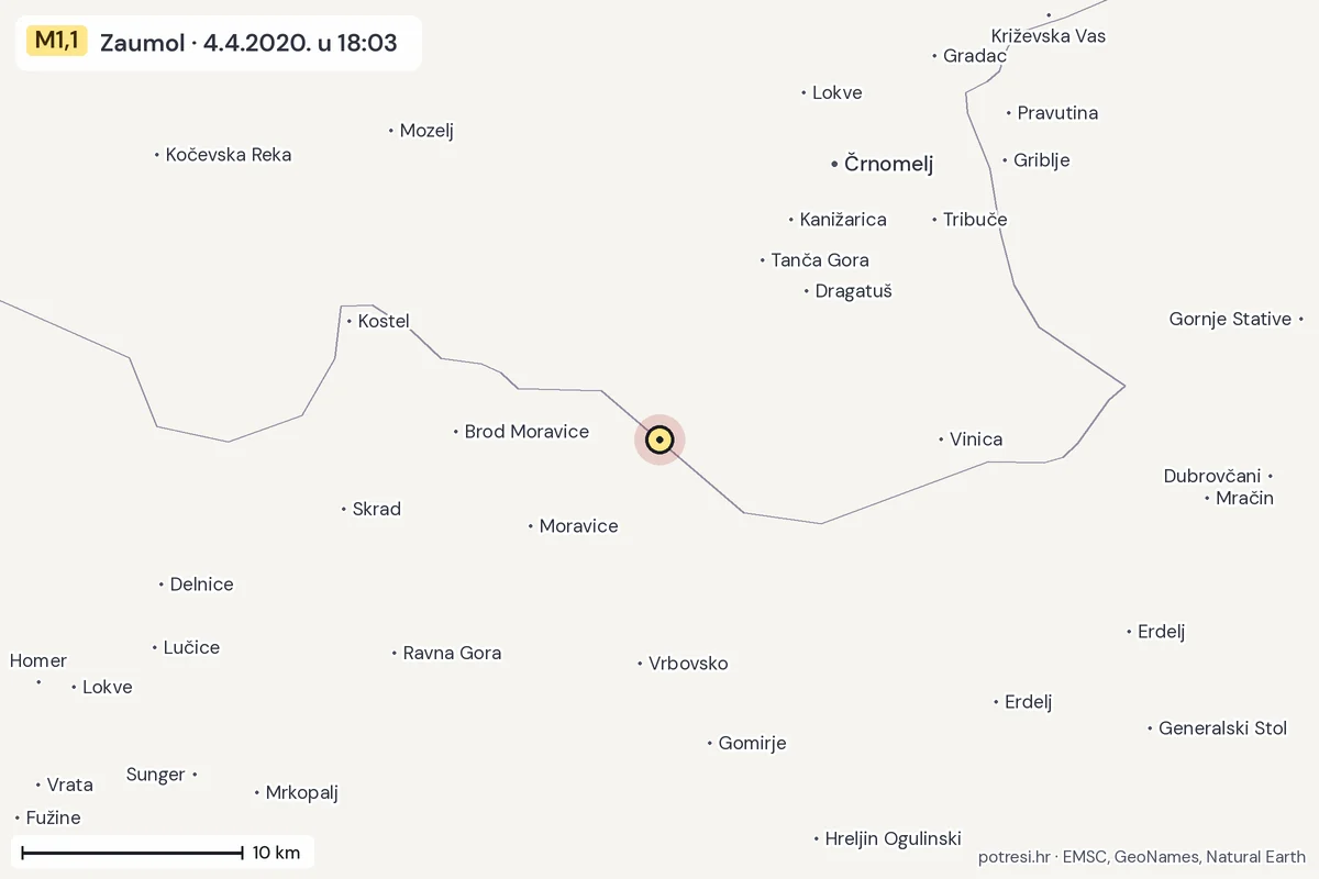 Karta: okolica epicentra, 60 km, potres M1,1, Zaumol, 4.4.2020.