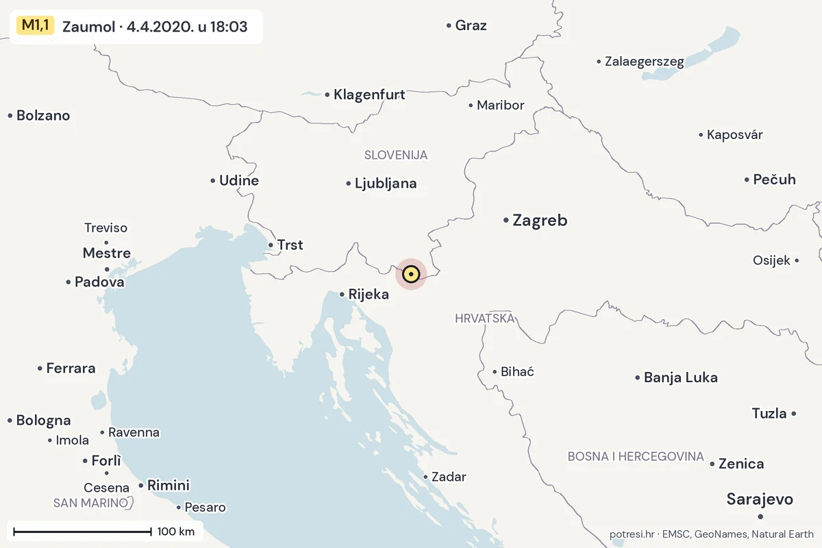 Karta: šire područje, 600 km, potres M1,1, Zaumol, 4.4.2020.