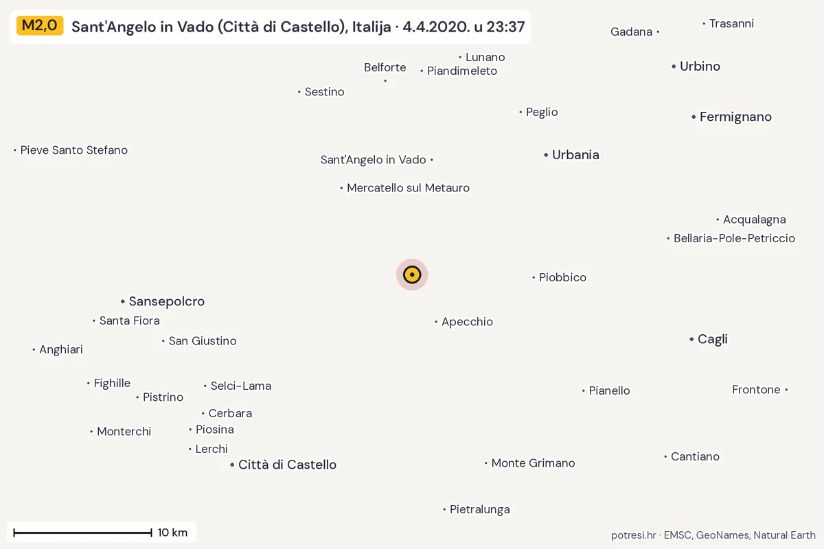 Karta: okolica epicentra, 60 km, potres M2,0, Sant'Angelo in Vado (Città di Castello), Italija, 4.4.2020.