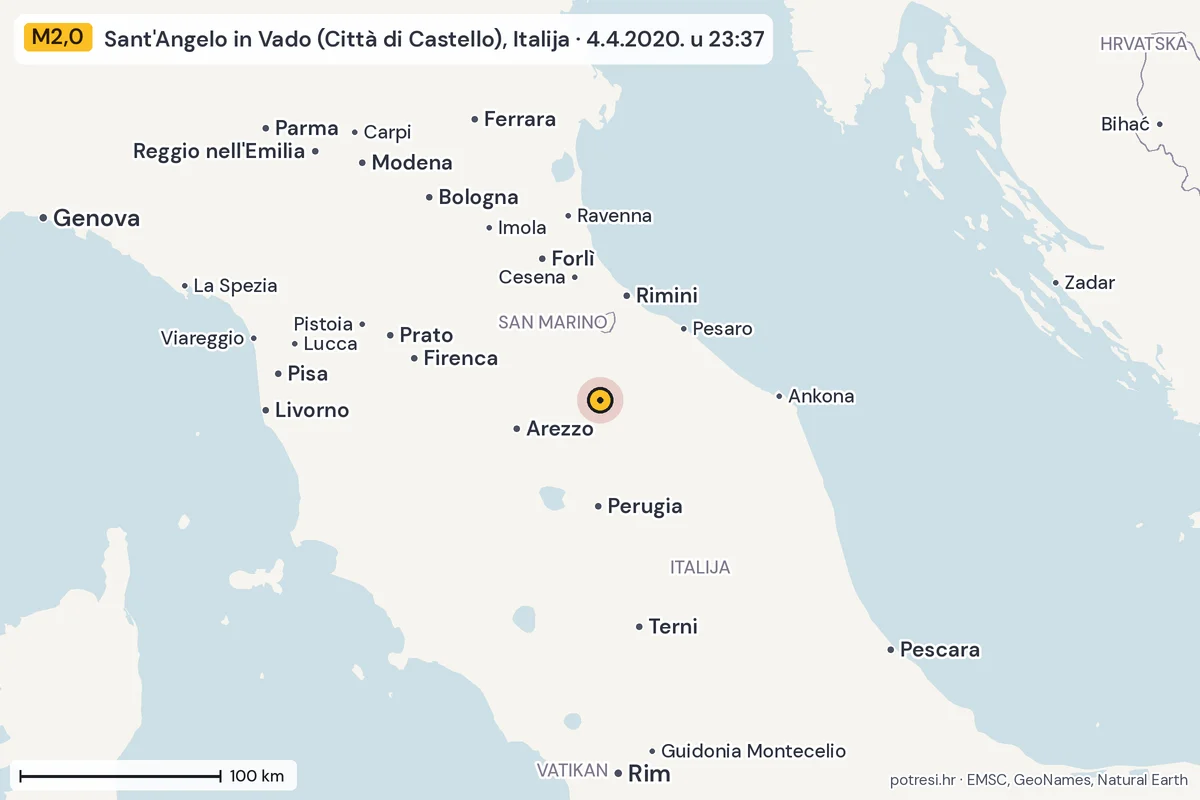 Karta: šire područje, 600 km, potres M2,0, Sant'Angelo in Vado (Città di Castello), Italija, 4.4.2020.