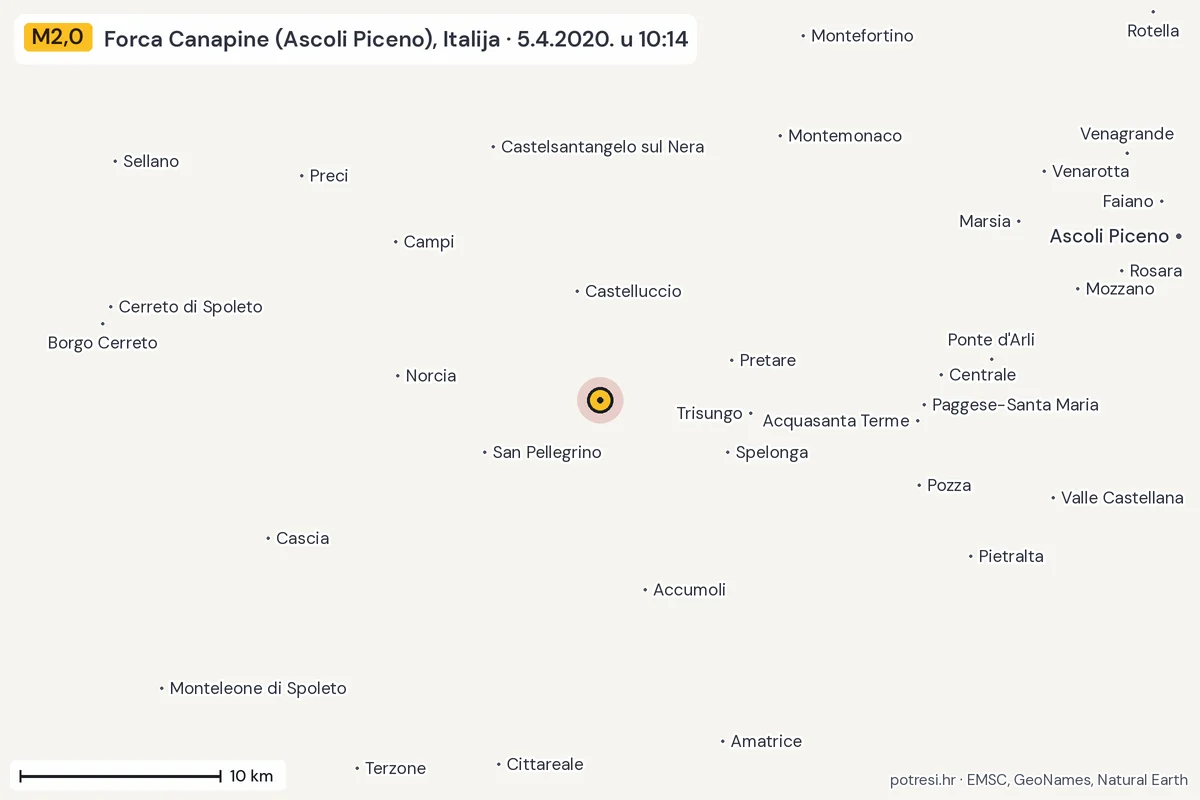 Karta: okolica epicentra, 60 km, potres M2,0, Forca Canapine (Ascoli Piceno), Italija, 5.4.2020.