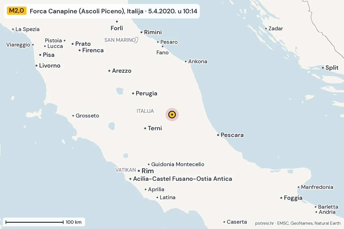 Karta: šire područje, 600 km, potres M2,0, Forca Canapine (Ascoli Piceno), Italija, 5.4.2020.