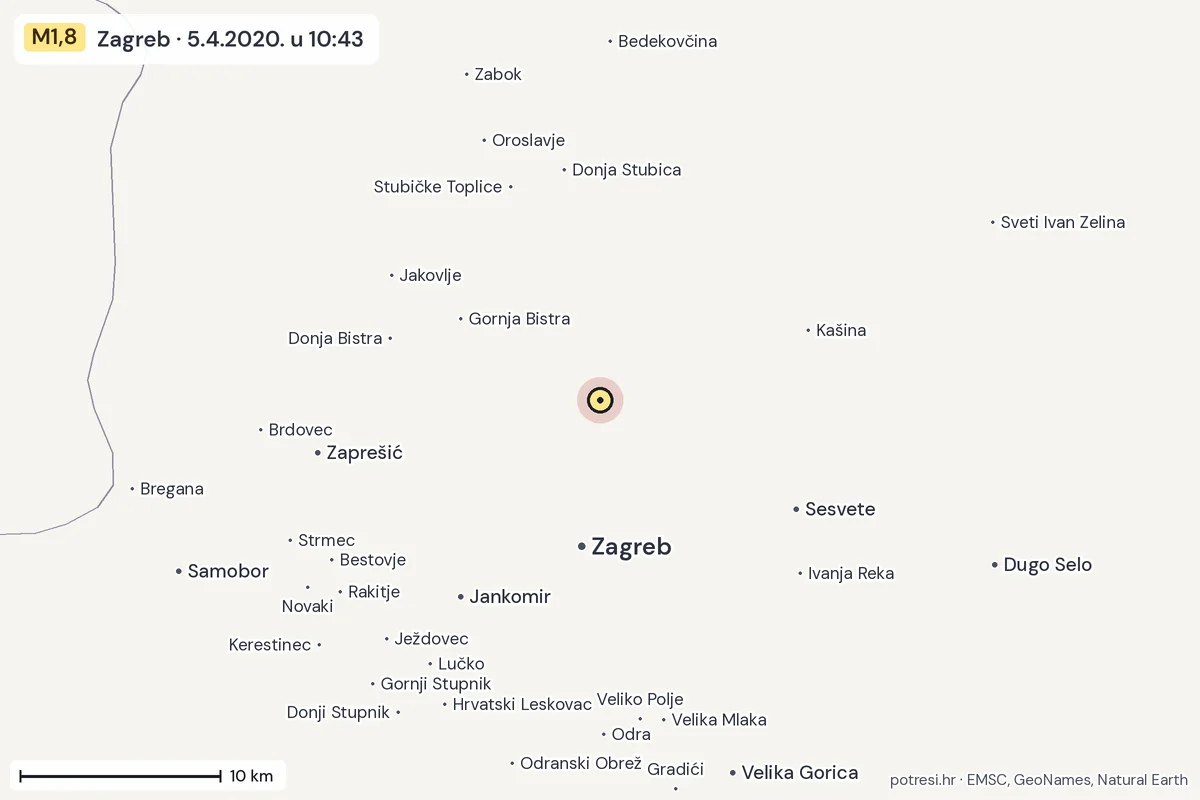 Karta: okolica epicentra, 60 km, potres M1,8, Zagreb, 5.4.2020.
