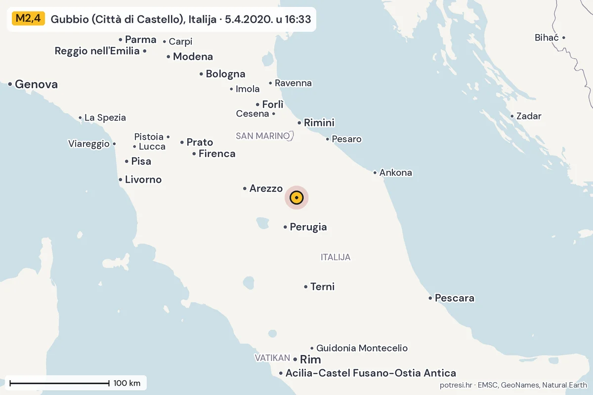 Karta: šire područje, 600 km, potres M2,4, Gubbio (Città di Castello), Italija, 5.4.2020.