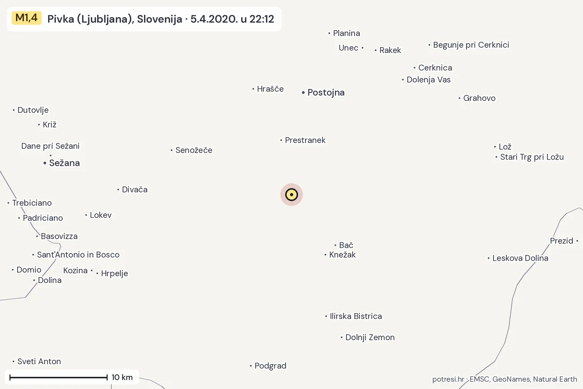 Karta: okolica epicentra, 60 km, potres M1,4, Pivka (Ljubljana), Slovenija, 5.4.2020.