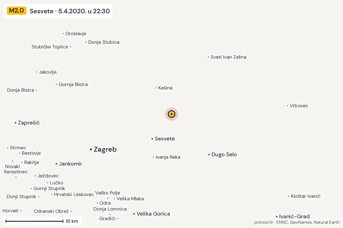 Karta: okolica epicentra, 60 km, potres M2,0, Sesvete, 5.4.2020.