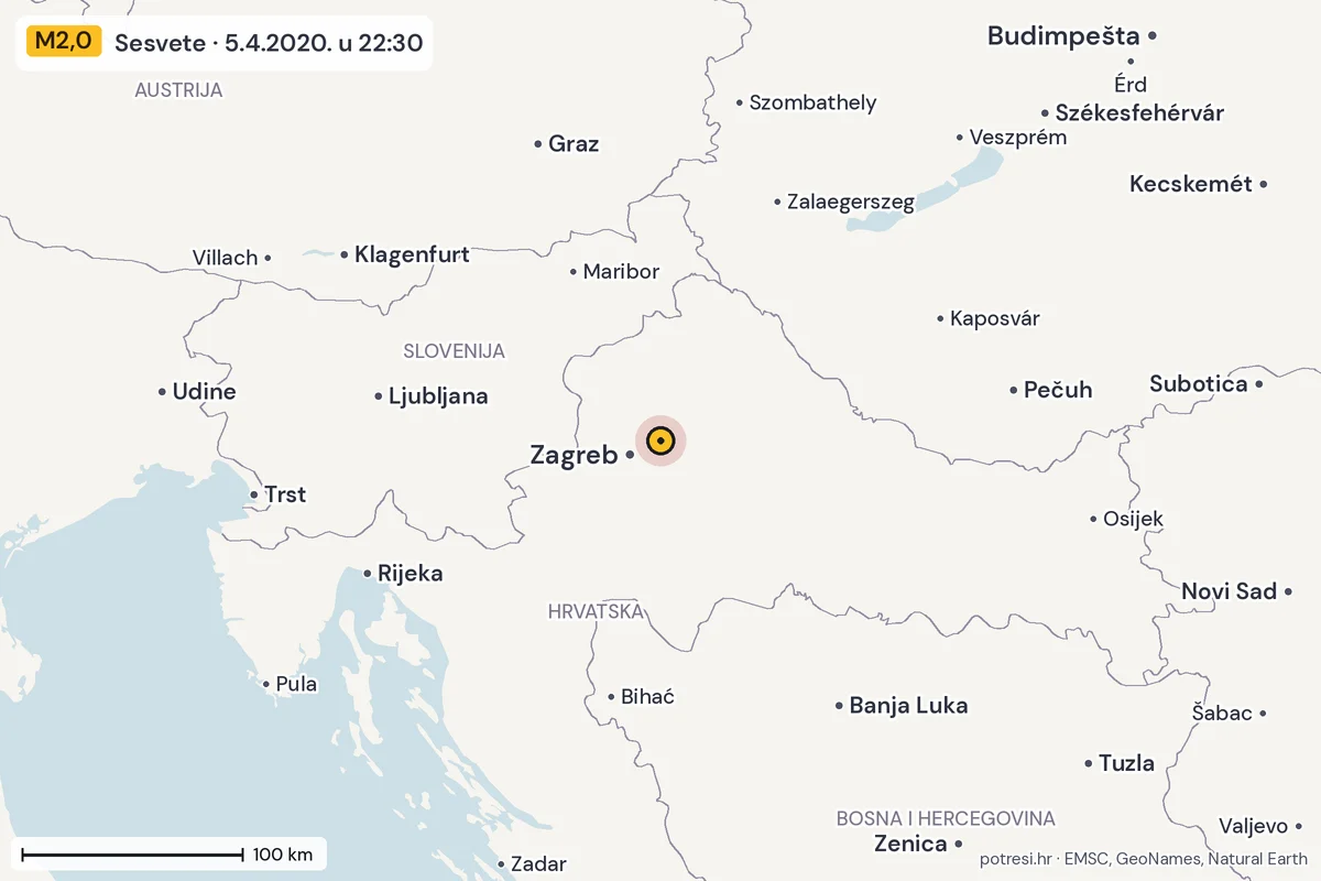 Karta: šire područje, 600 km, potres M2,0, Sesvete, 5.4.2020.
