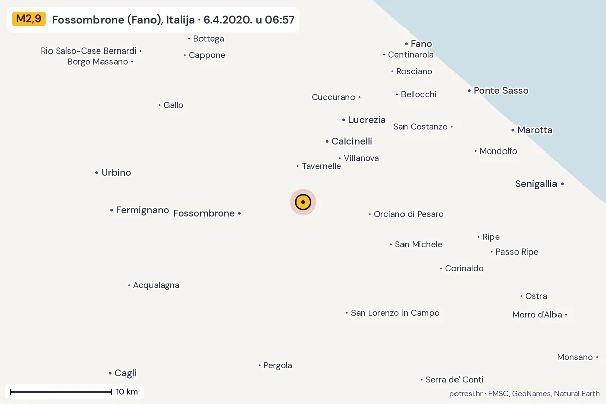 Karta: okolica epicentra, 60 km, potres M2,9, Fossombrone (Fano), Italija, 6.4.2020.