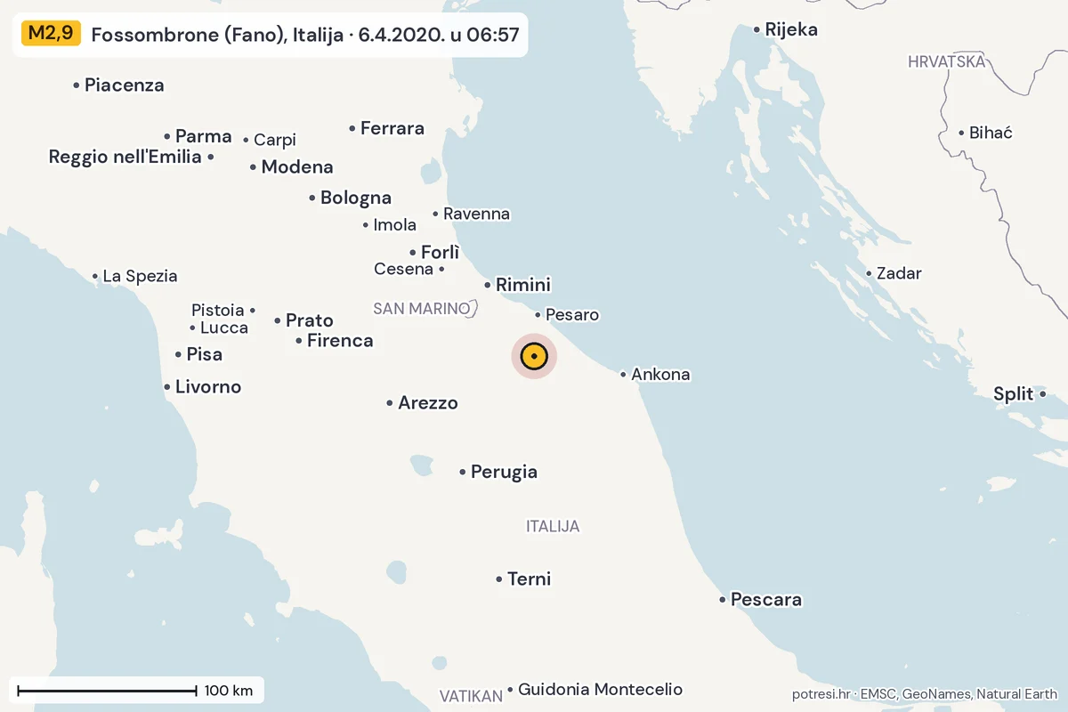 Karta: šire područje, 600 km, potres M2,9, Fossombrone (Fano), Italija, 6.4.2020.