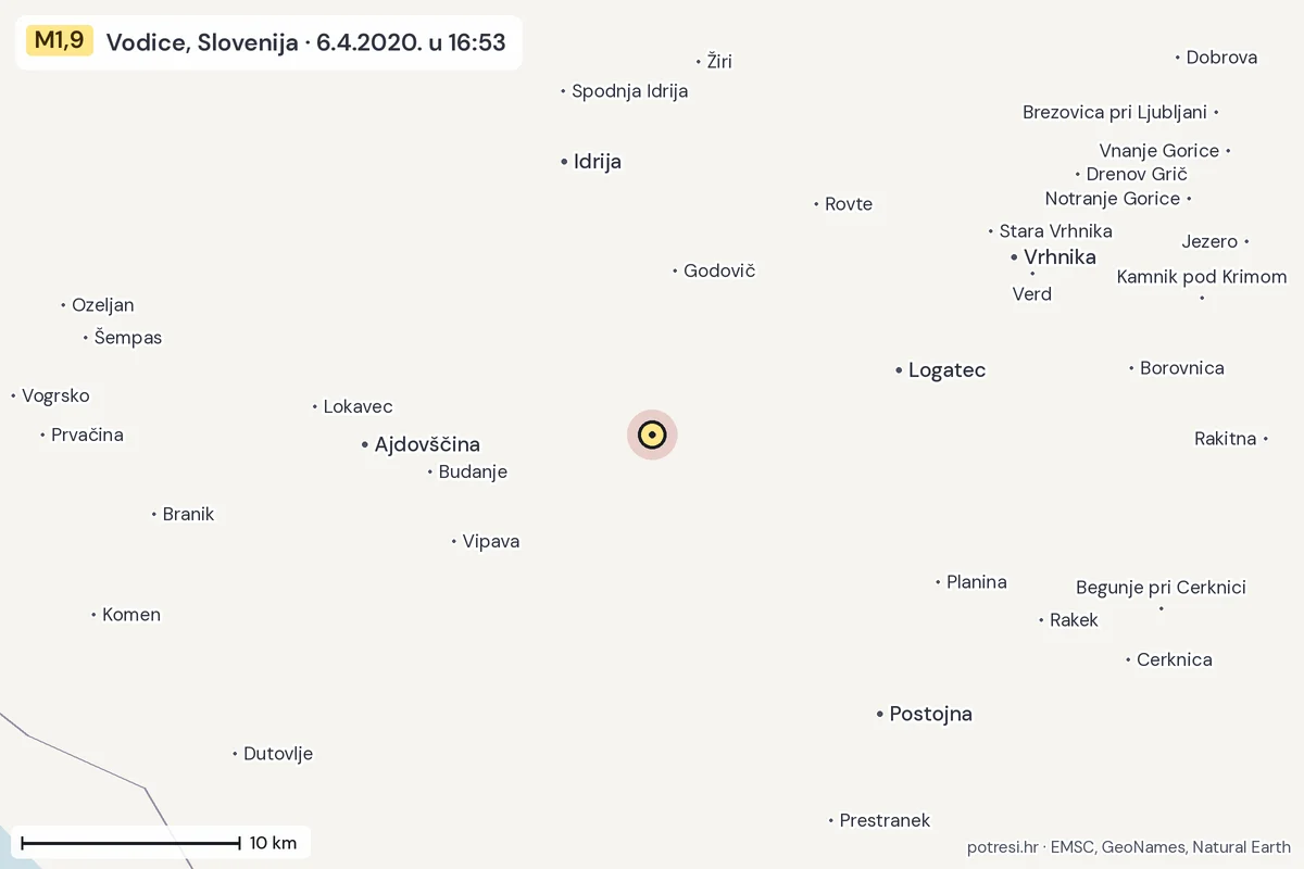 Karta: okolica epicentra, 60 km, potres M1,9, Vodice, Slovenija, 6.4.2020.
