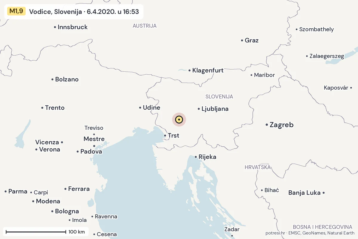 Karta: šire područje, 600 km, potres M1,9, Vodice, Slovenija, 6.4.2020.