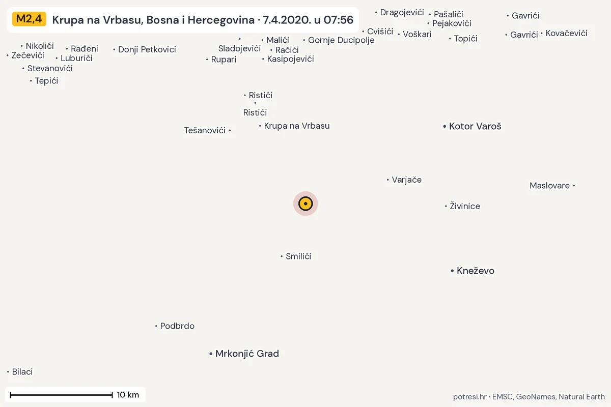 Karta: okolica epicentra, 60 km, potres M2,4, Krupa na Vrbasu, Bosna i Hercegovina, 7.4.2020.