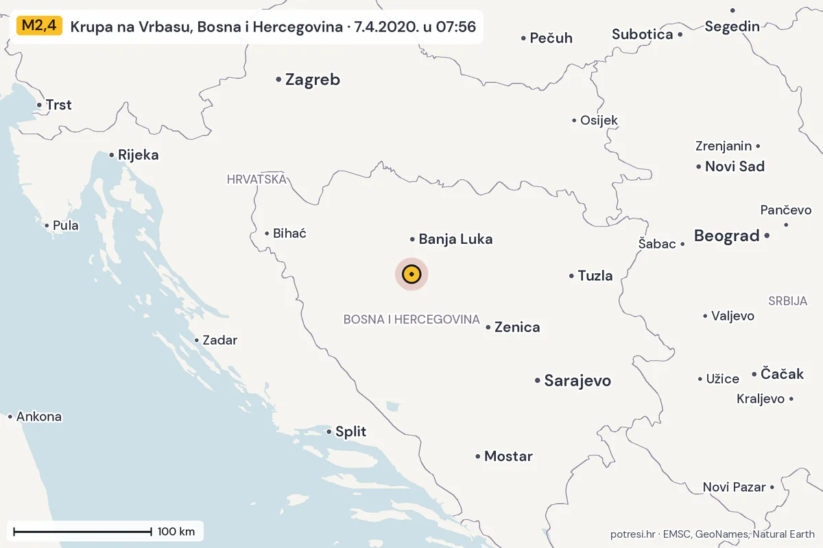 Karta: šire područje, 600 km, potres M2,4, Krupa na Vrbasu, Bosna i Hercegovina, 7.4.2020.