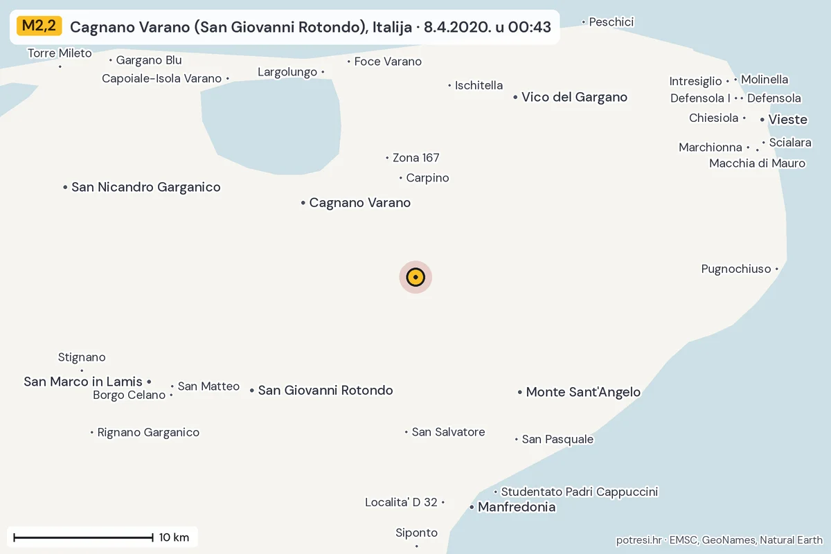 Karta: okolica epicentra, 60 km, potres M2,2, Cagnano Varano (San Giovanni Rotondo), Italija, 8.4.2020.