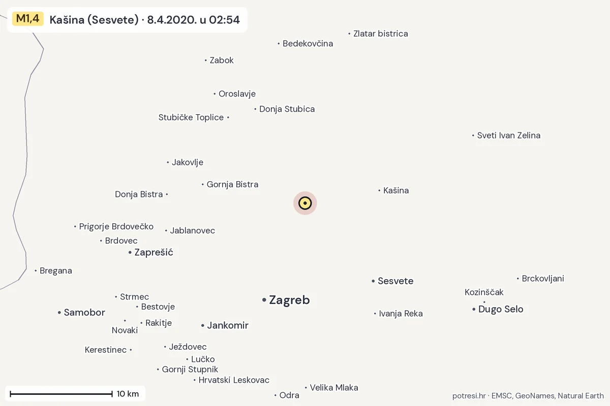Karta: okolica epicentra, 60 km, potres M1,4, Kašina (Sesvete), 8.4.2020.