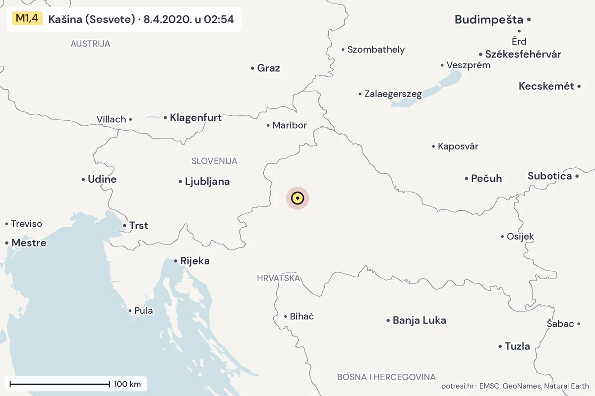 Karta: šire područje, 600 km, potres M1,4, Kašina (Sesvete), 8.4.2020.