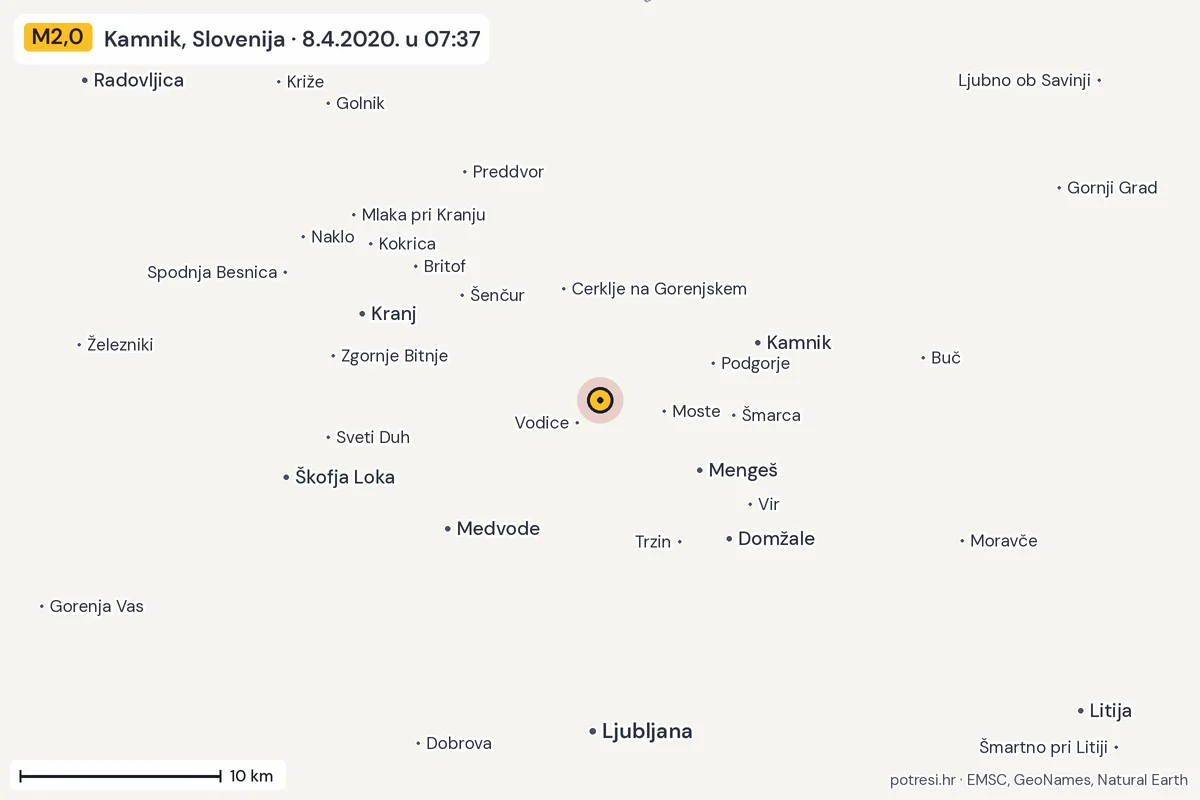 Karta: okolica epicentra, 60 km, potres M2,0, Kamnik, Slovenija, 8.4.2020.