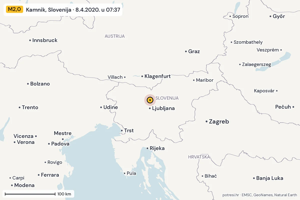 Karta: šire područje, 600 km, potres M2,0, Kamnik, Slovenija, 8.4.2020.
